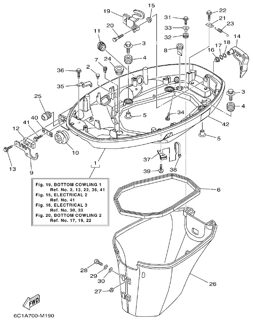 Yamaha F50HET, F60FET, F50HEHD, F60FEHT BOTTOM COWLING 1 parts diagram